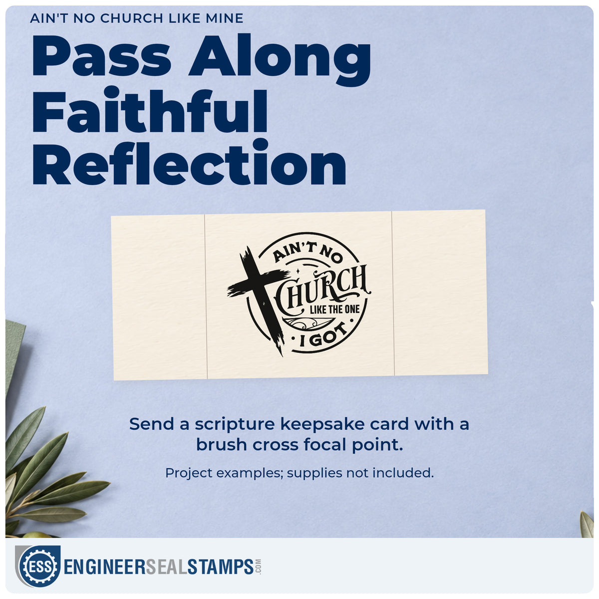 A finished handmade project stamped with the Ain't No Church Like Mine Brushstroke Cross Self-Inking Stamp, ideal for welcome visitor cards.