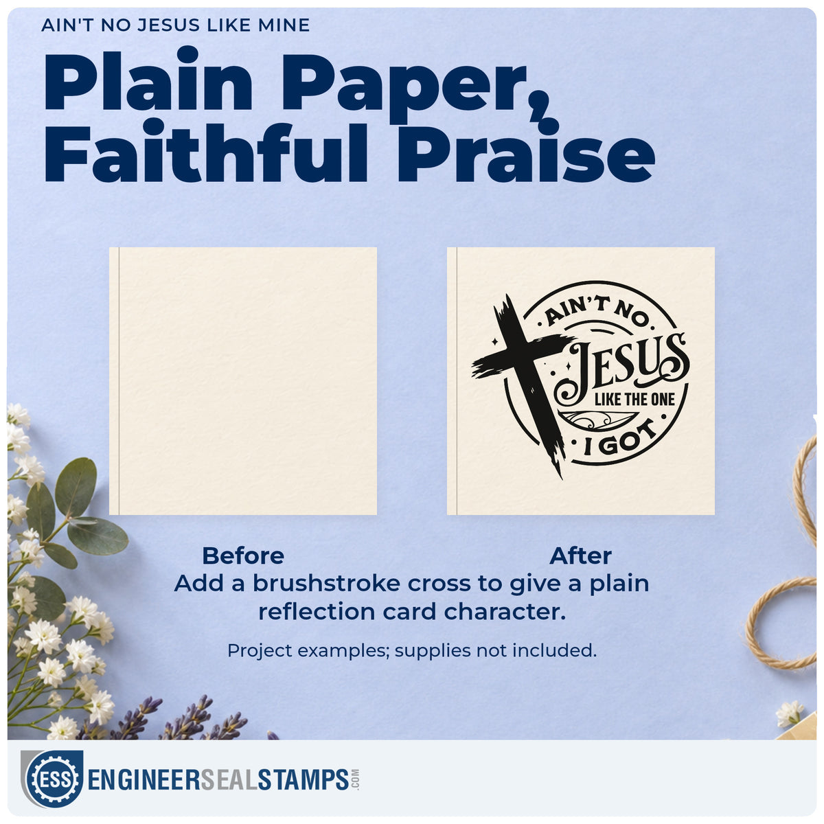 Before and after of a plain item finished with the Ain't No Jesus Like Mine Brushstroke Cross Self-Inking Craft Stamp, a quick upgrade for revival name tags.