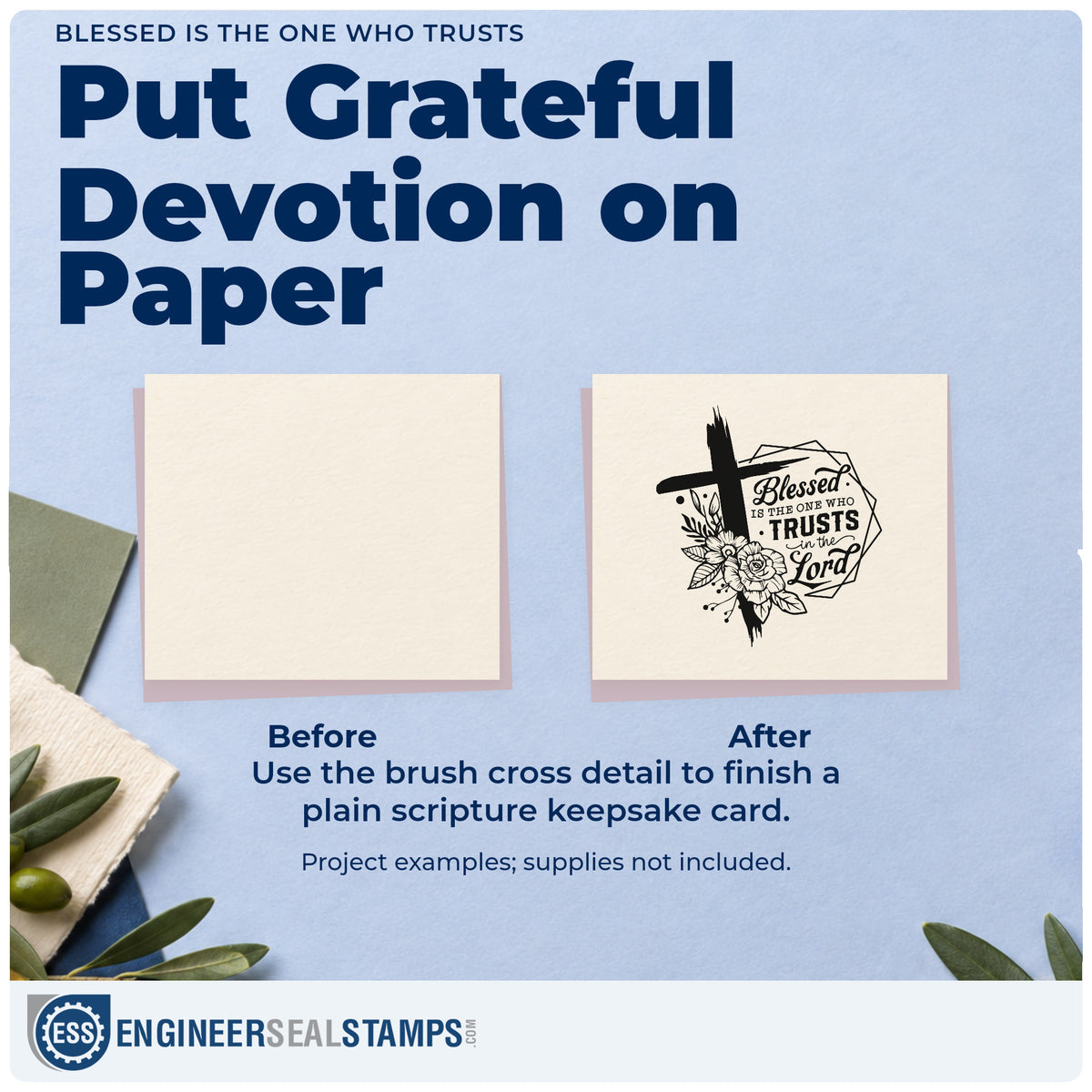 Before and after of a plain item finished with the Blessed Is The One Who Trusts In The Lord Rubber Stamp – Duo Hand, a quick upgrade for journal cover stamping.