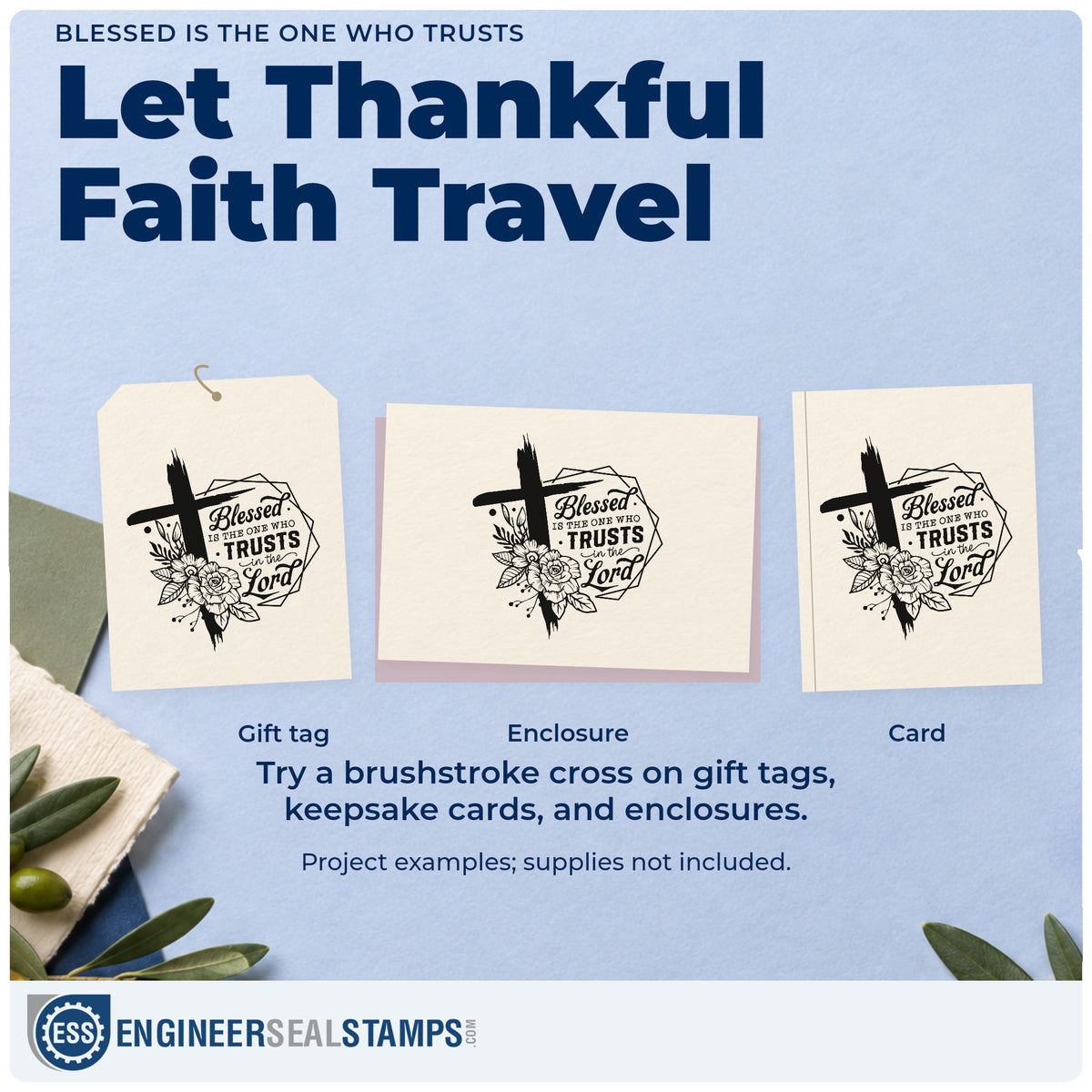 Three project examples made with the Blessed Is The One Who Trusts In The Lord Pre-Inked Stamp – Slim, including scrapbook blessing pages.