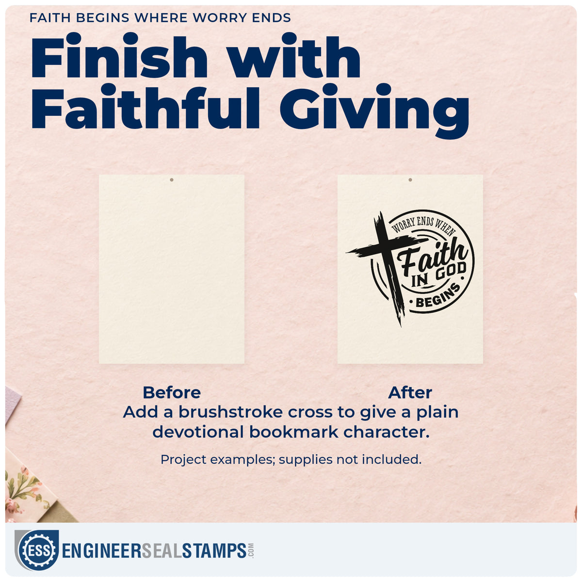 Before and after of a plain item finished with the Worry Ends Where Faith In God Begins Duo Hand Stamp, a quick upgrade for framed bedroom art.