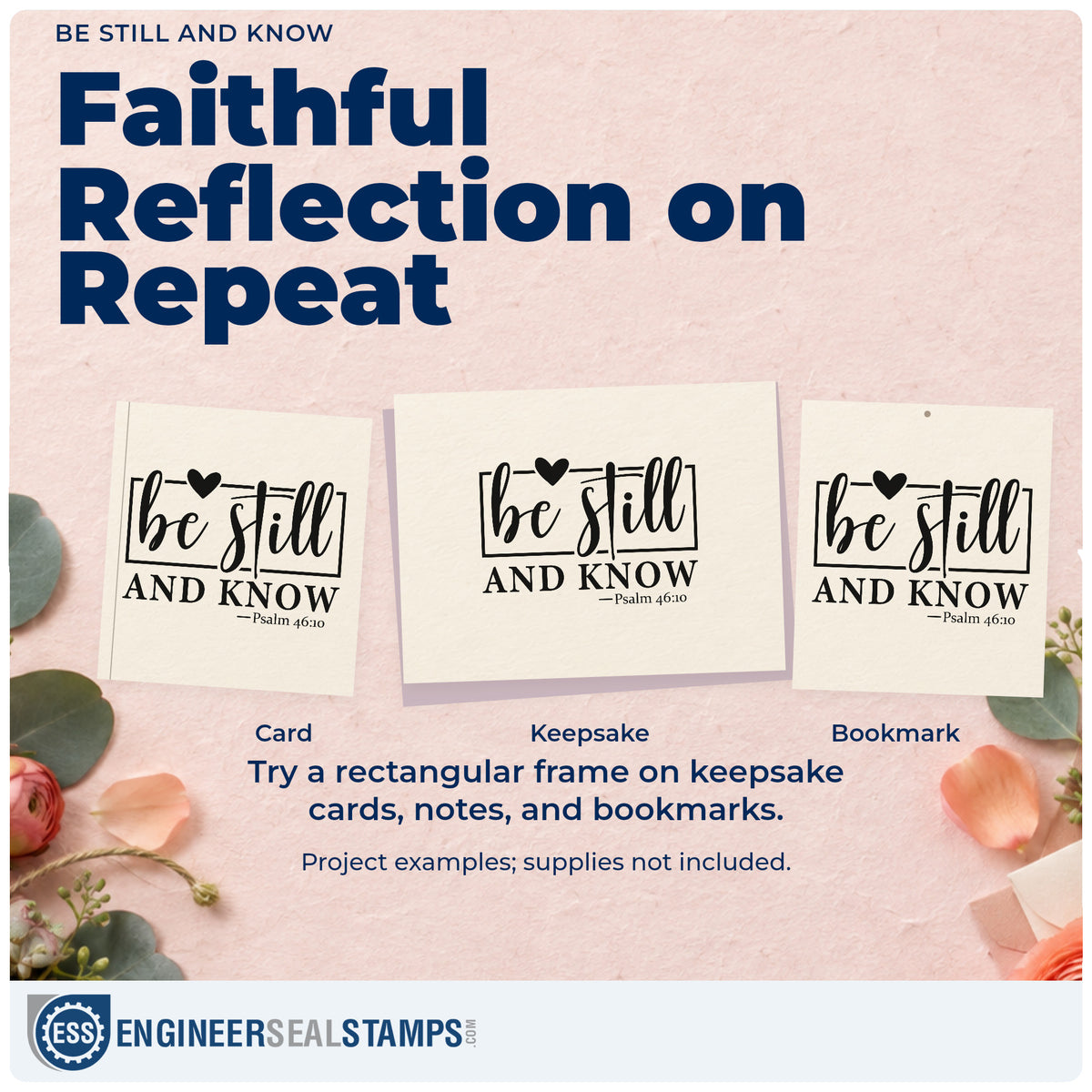 Three project examples made with the Slim Pre-Inked Be Still And Know With Hearts Stamp, including sympathy cards.