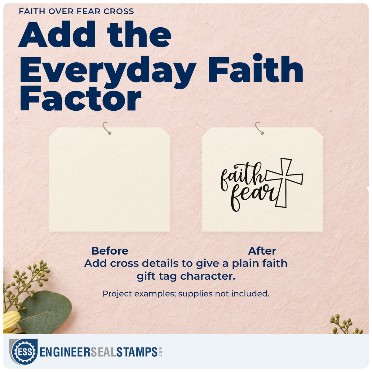 Before and after of a plain item finished with the Faith Over Fear Cross Outline Detail Self-Inking Stamp, a quick upgrade for framed wall art.