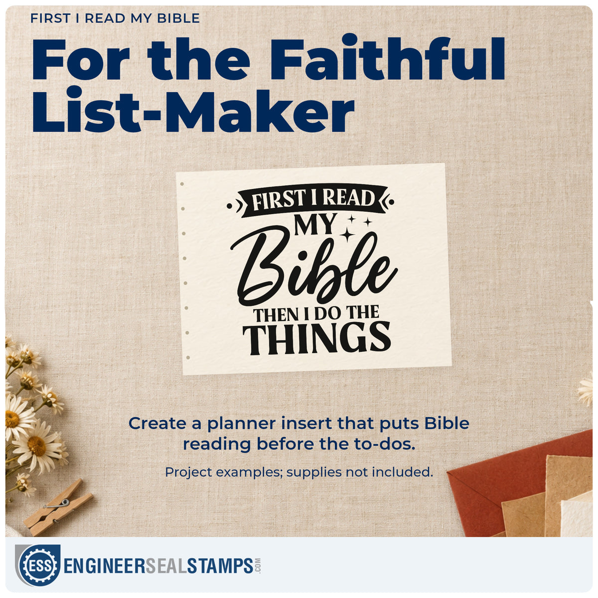 A finished handmade project stamped with the First I Read My Bible, Then I Do The Things Wood-Mounted Rubber Stamp, ideal for planner morning headers.