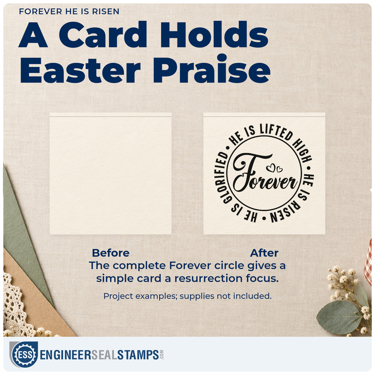 Before and after of a plain item finished with the Self-Inking Forever He Is Risen With Hearts Stamp, a quick upgrade for choir folder covers.