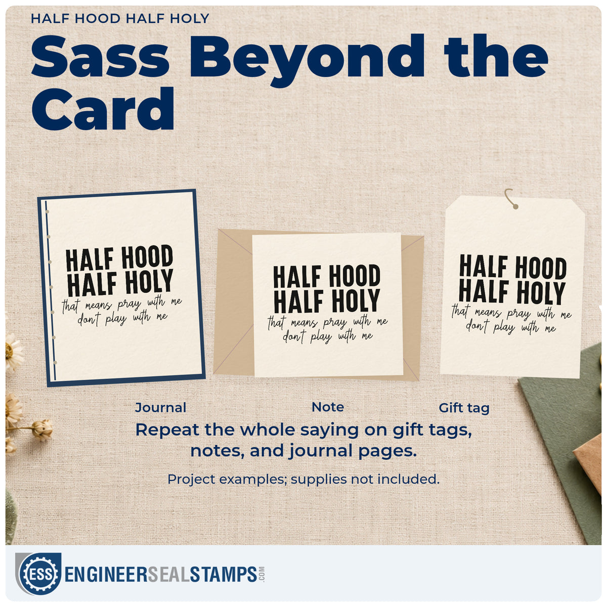 Three project examples made with the Half Hood Half Holy Script Lettering Stamp - Premium Vintage Pro Wooden, including scrapbook friend pages.