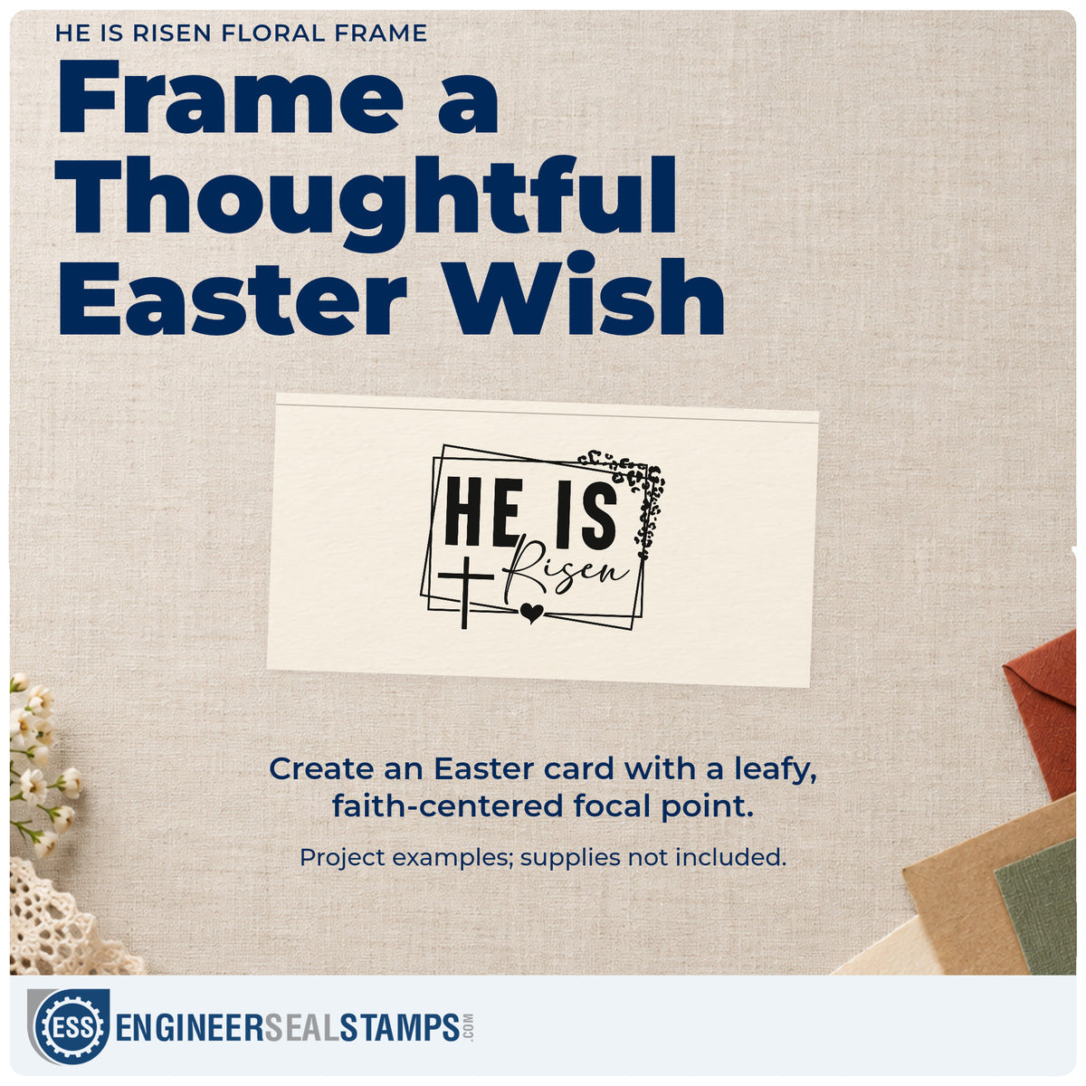 A finished handmade project stamped with the He Is Risen Leafy Cross Frame Premium Wooden Stamp - Vintage Pro, ideal for easter table menus.