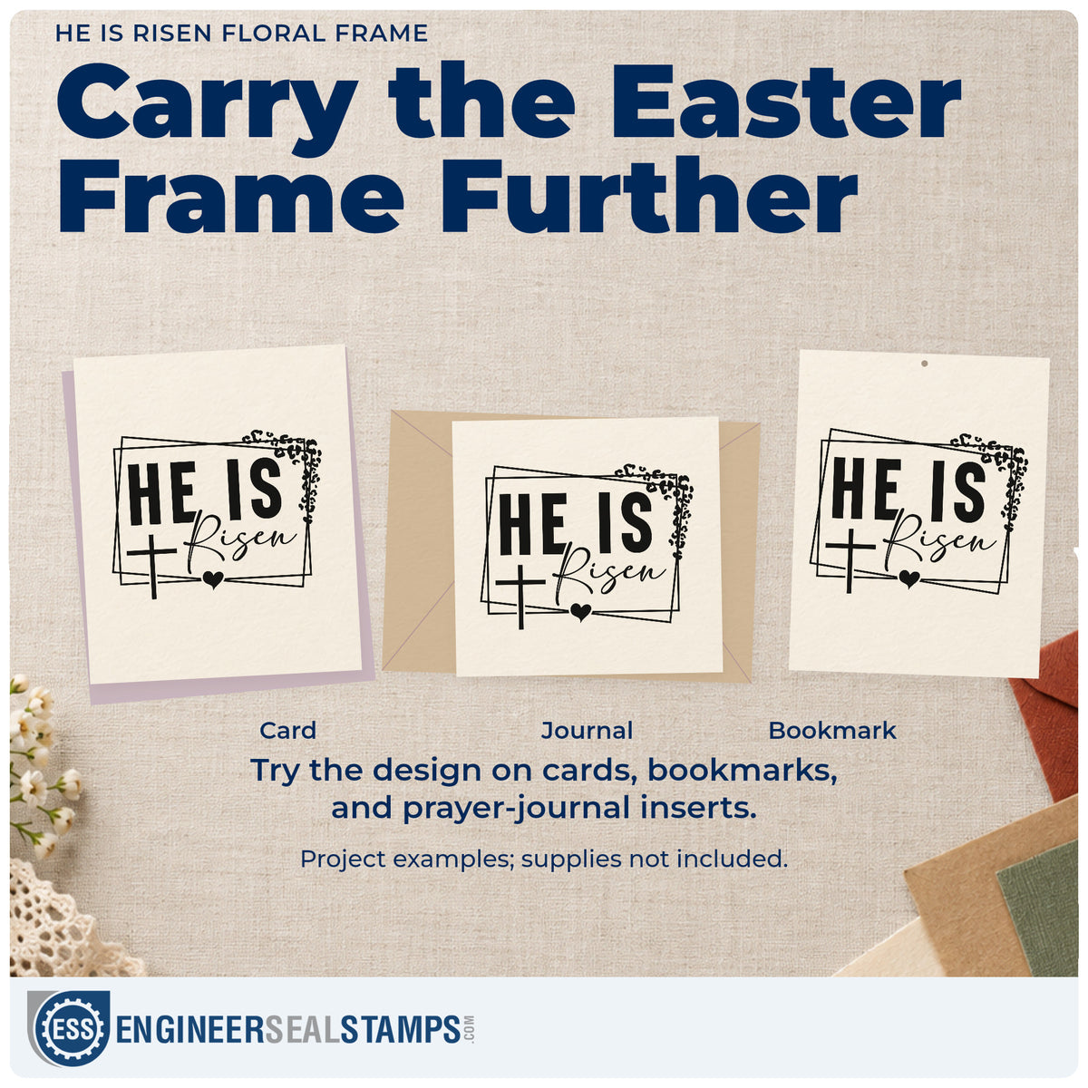 Three project examples made with the He Is Risen Leafy Cross Frame Stamp – Slim Pre-Inked, including gift box labels.