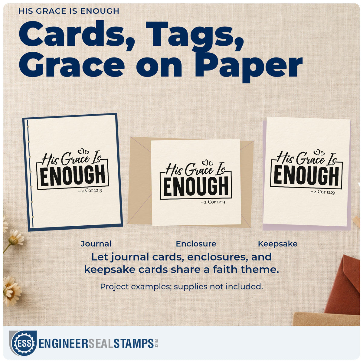 Three project examples made with the His Grace Is Enough With Hearts Rubber Stamp – Duo Hand, including prayer journal headers.