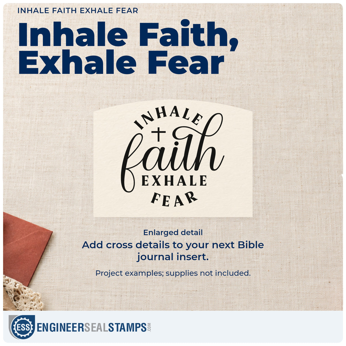 Enlarged detail of the Inhale Faith Exhale Fear Hand Stamp – Duo imprint. A small cross sits within "Inhale faith, exhale fear," with "Faith" in large script.