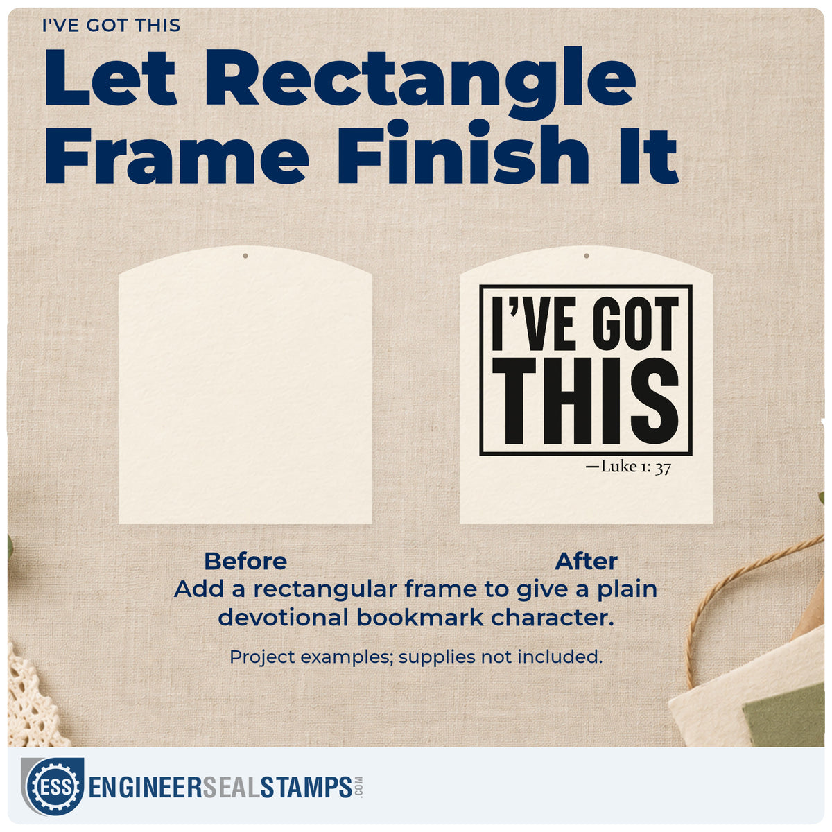 Before and after of a plain item finished with the Self-Inking I've Got This Frame Accent Stamp, a quick upgrade for new business cards.