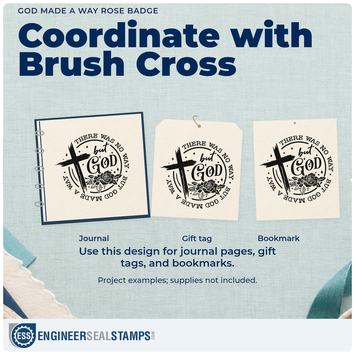 Three project examples made with the God Made A Way Rose Emblem Premium Wooden Stamp - Vintage Pro, including scrapbook journey pages.