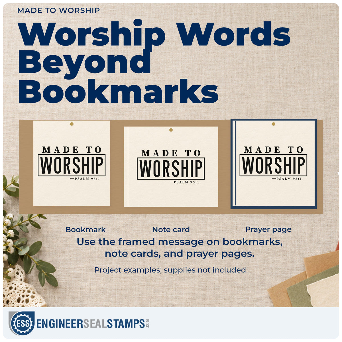 Three project examples made with the Made To Worship PSI Pre-Inked Stamp, including scrapbook concert pages.