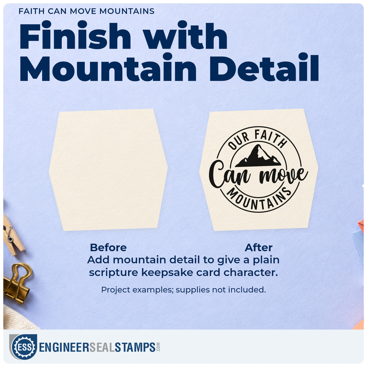 Before and after of a plain item finished with the Faith Can Move Mountains Self-Inking Stamp, a quick upgrade for water bottle labels.