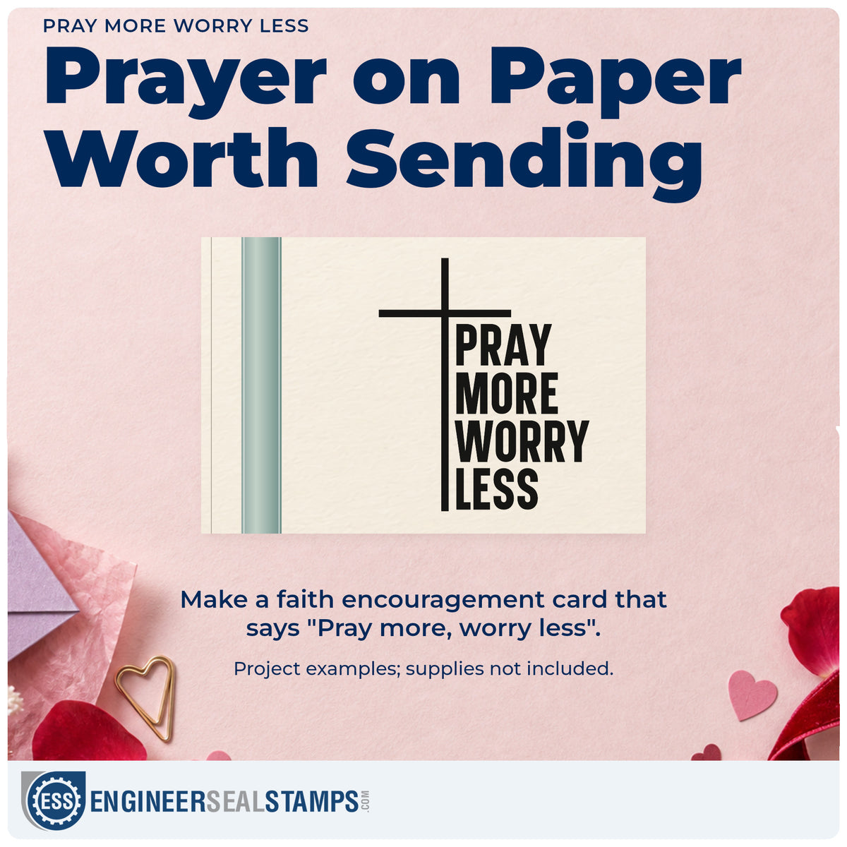 A finished handmade project stamped with the Pray More Worry Less Premium Wood-Mounted Stamp - Vintage Pro, ideal for kitchen magnets.