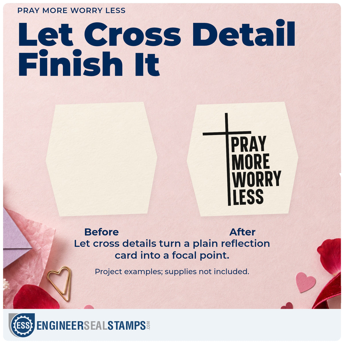 Before and after of a plain item finished with the Pray More Worry Less Pre-Inked Stamp – Slim, a quick upgrade for canvas totes.