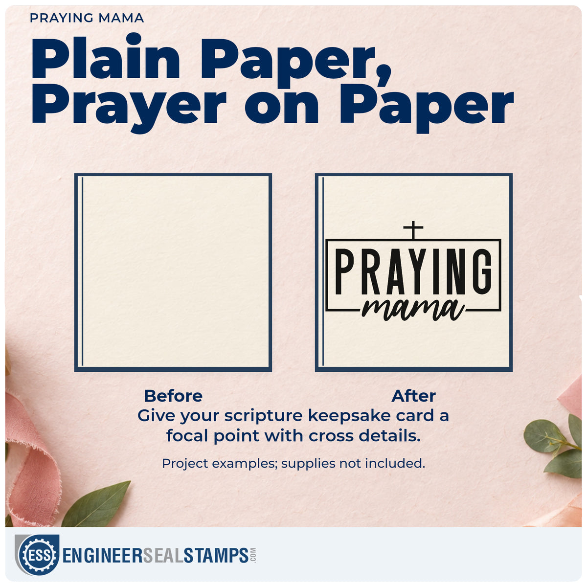 Before and after of a plain item finished with the Praying Mama With Cross Slim Pre-Inked Stamp, a quick upgrade for planner cover stamping.
