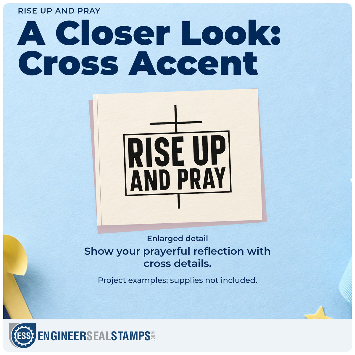 Enlarged detail of the Rise Up And Pray Hand Stamp – Duo imprint. A large cross extends above and below a framed block of "Rise up and pray" lettering.