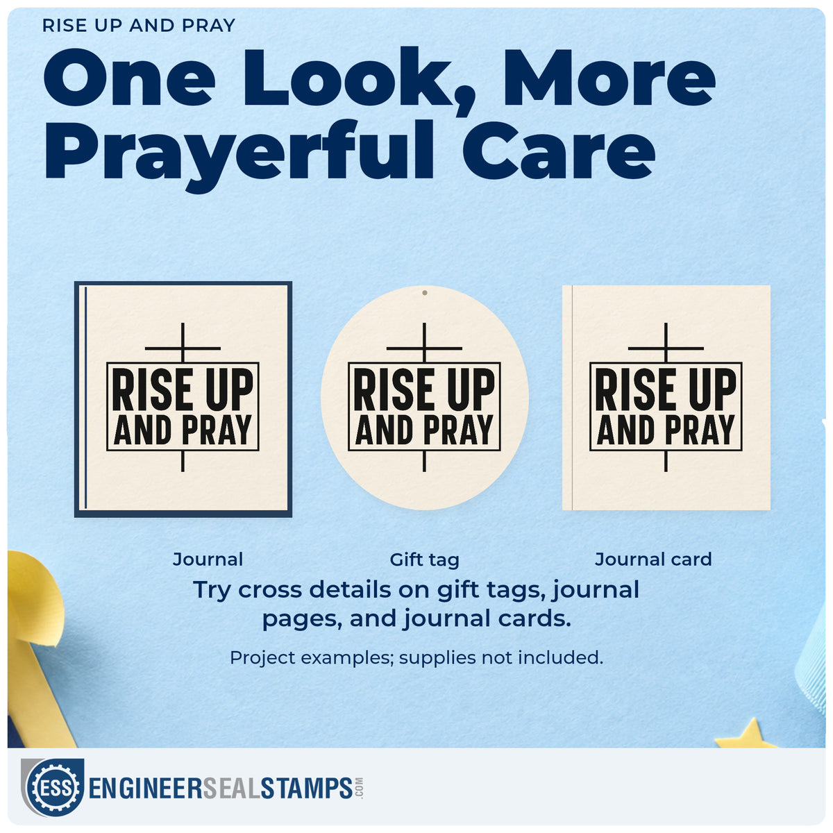 Three project examples made with the Rise Up And Pray Craft Stamp – Self-Inking, including scrapbook event pages.