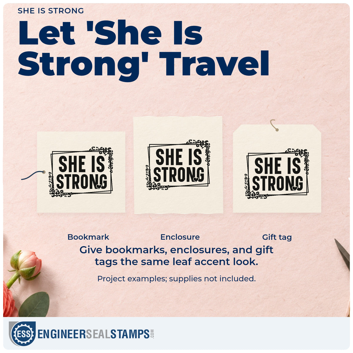 Three project examples made with the She Is Strong Leaf Accents Stamp – Wood Handle, including scrapbook strength pages.