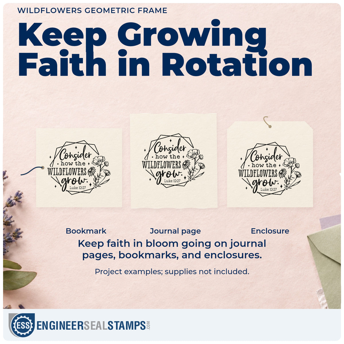 Three project examples made with the Wildflowers Geometric Framed Lettering Stamp - Premium Vintage Pro Wooden, including scrapbook meadow pages.