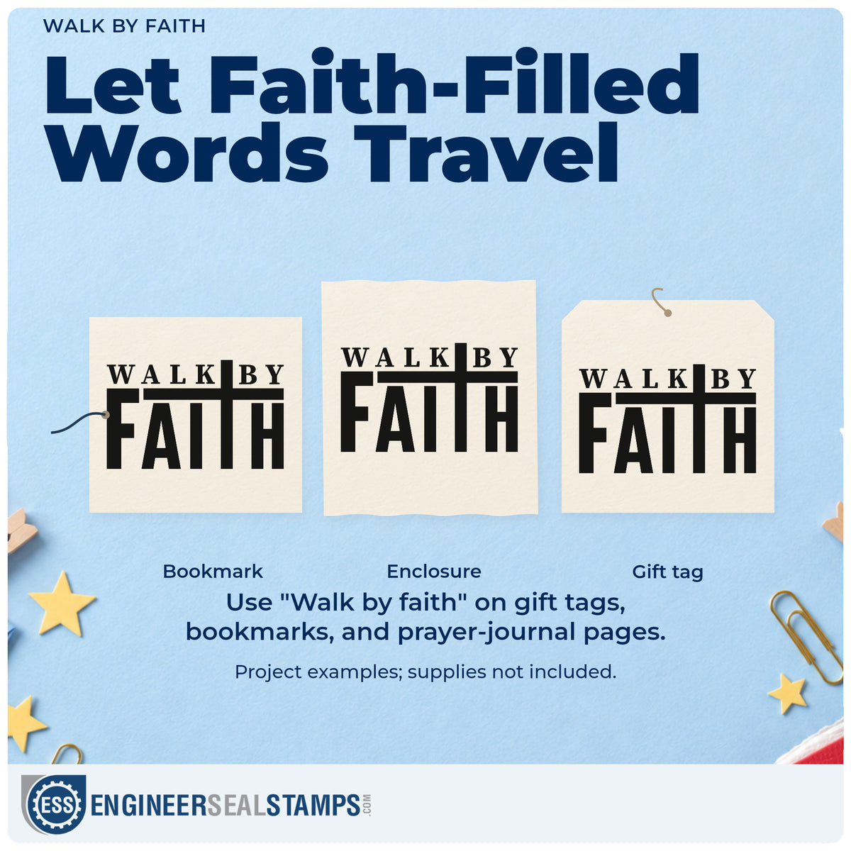 Three project examples made with the Walk By Faith Self-Inking Stamp, including scrapbook journey pages.