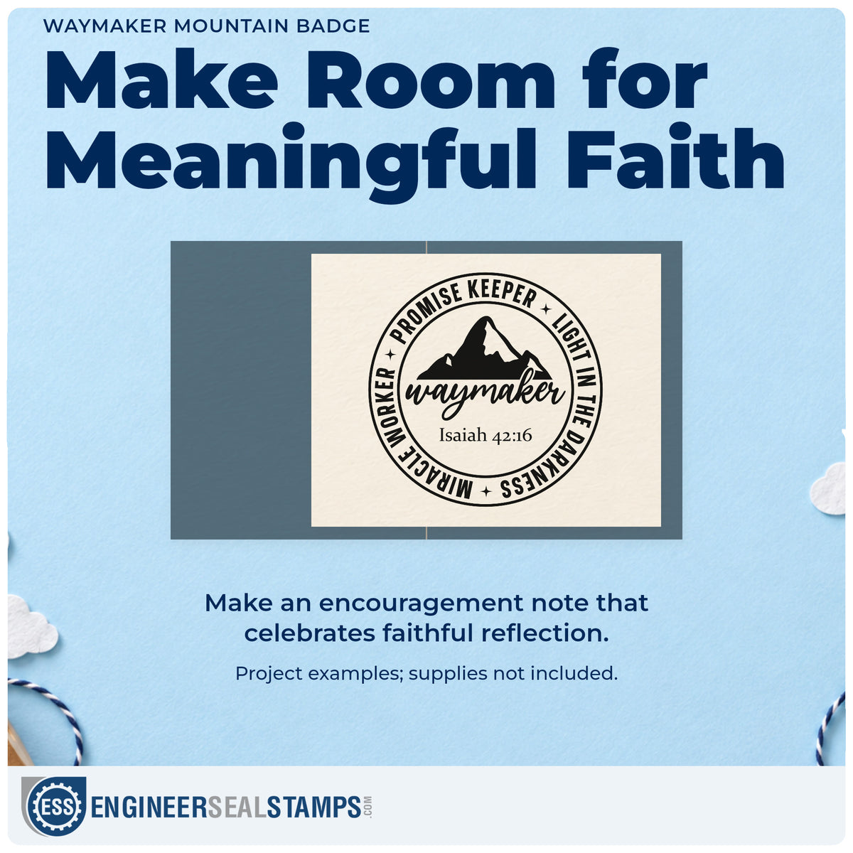 A finished handmade project stamped with the Waymaker Mountain Emblem Rubber Stamp – Wood Handle, ideal for worship concert tees.