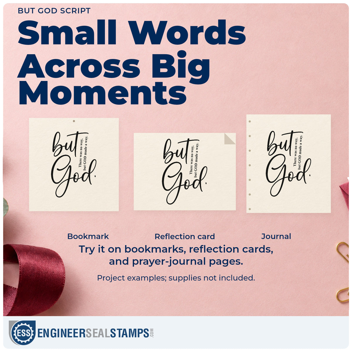 Three project examples made with the But God Script Rubber Stamp – Wood Handle, including scrapbook journey pages.