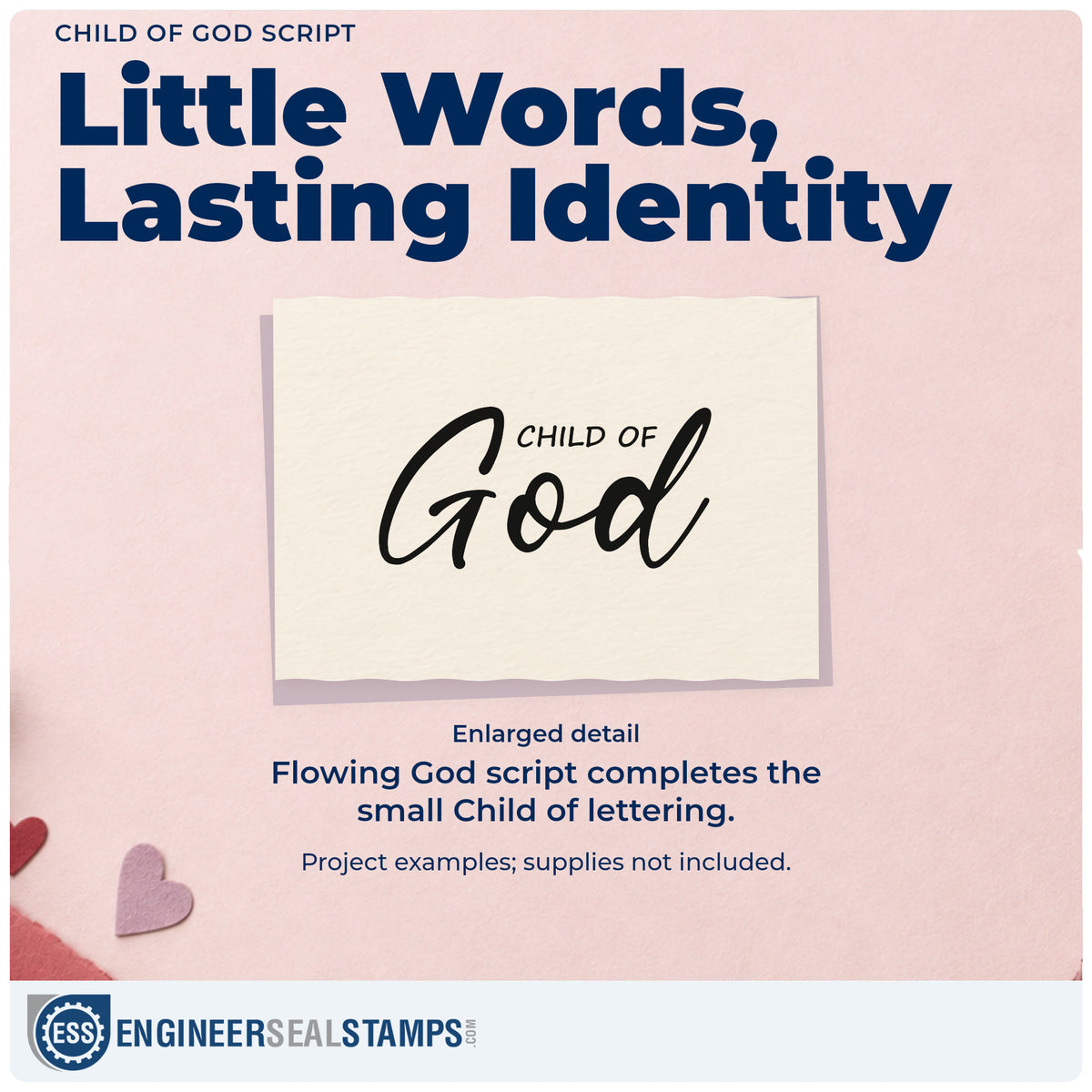 Enlarged detail of the Child Of God Script Lettering Wood Handle Stamp imprint. Small "Child of" lettering sits above large flowing "God" script.
