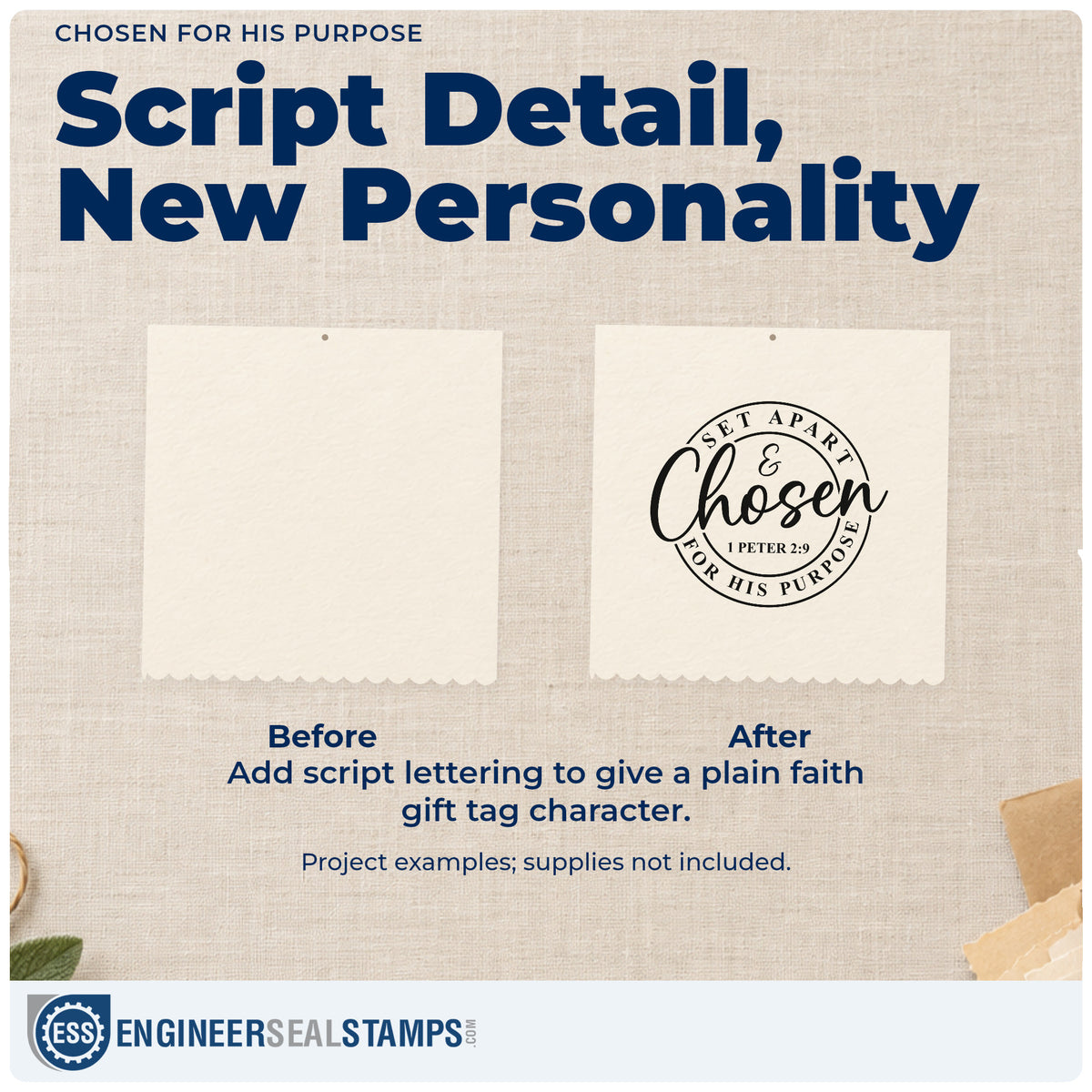 Before and after of a plain item finished with the Chosen Script With Ampersand Border Stamp – Duo Hand, a quick upgrade for canvas totes.