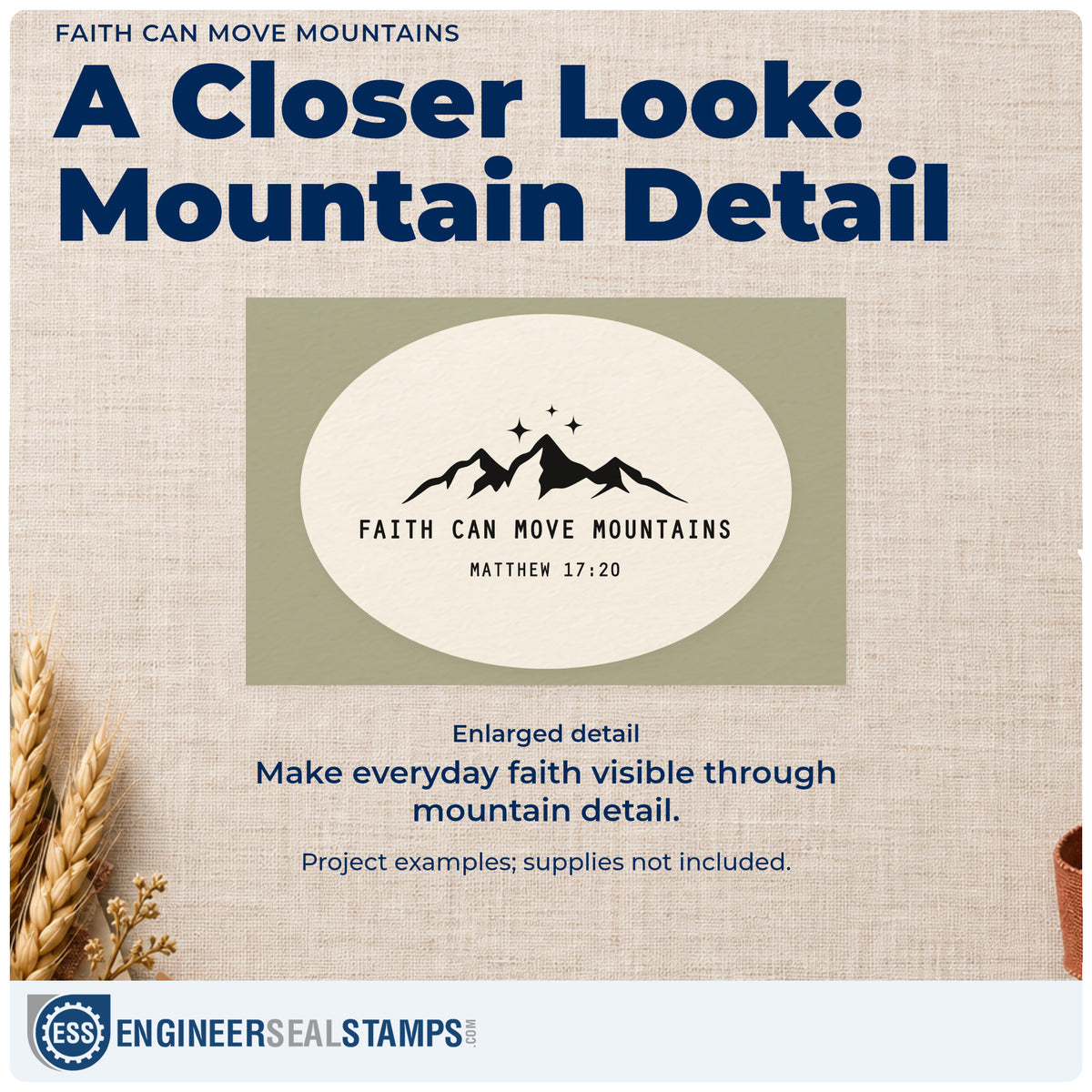 Enlarged detail of the Faith Can Move Mountains With Sparkles Stamp - Premium Vintage Pro Wooden imprint. A mountain silhouette and sparkles sit above "Faith can move mountains" and Matthew 17:20.