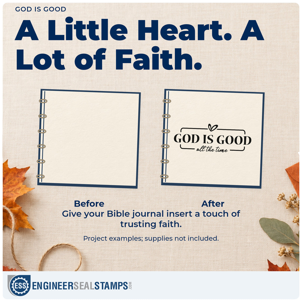 Before and after of a plain item finished with the God Is Good With Hearts Wood Handle Stamp, a quick upgrade for gratitude jar tags.