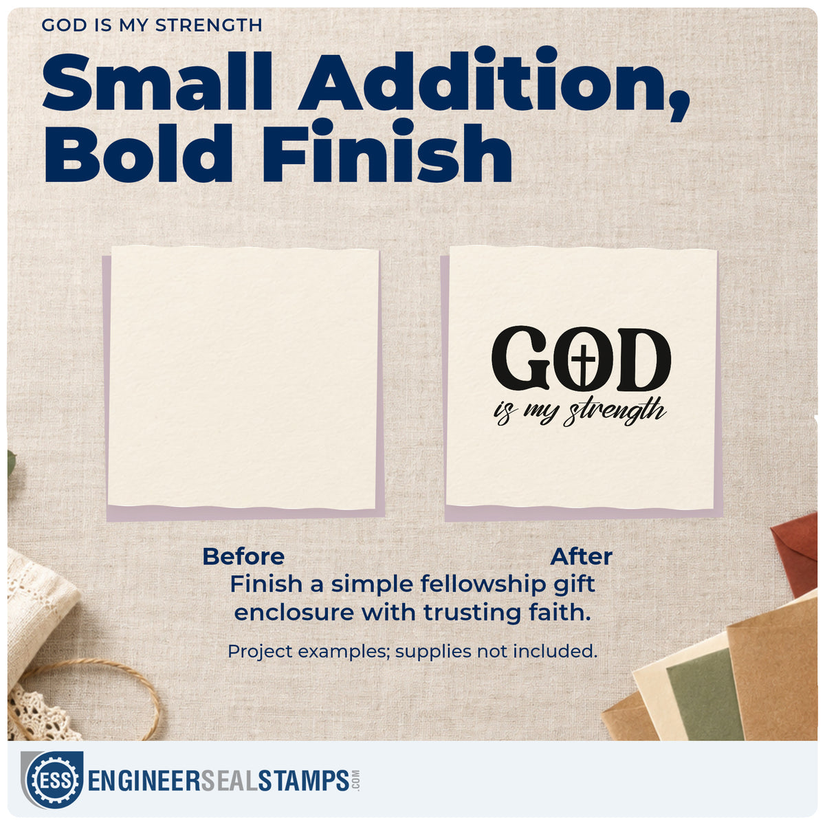 Before and after of a plain item finished with the God Is My Strength Self-Inking Stamp, a quick upgrade for caregiver thank-yous.