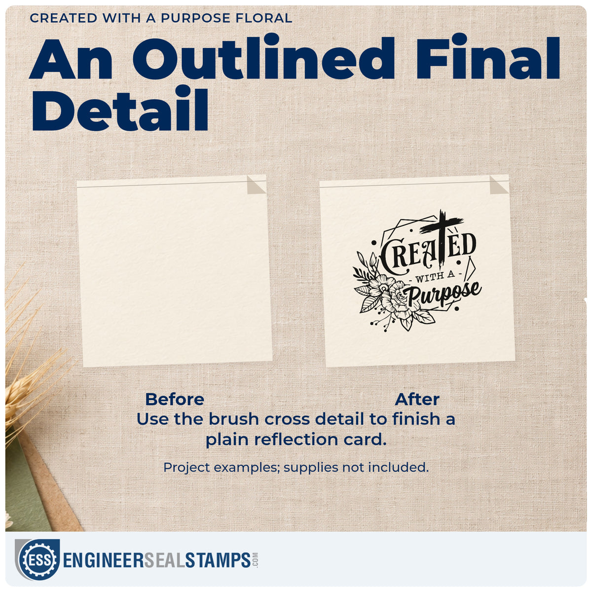 Before and after of a plain item finished with the Created With A Purpose Brushstroke Cross Rubber Stamp – Wood Handle, a quick upgrade for journal cover stamping.