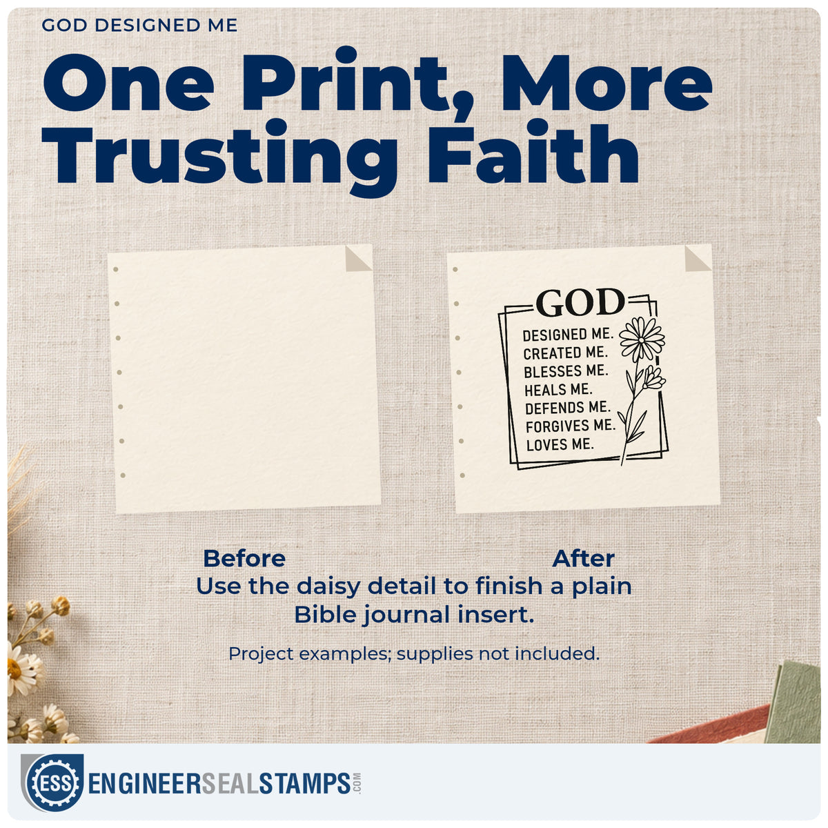 Before and after of a plain item finished with the God Designed Me Rubber Stamp – Duo Hand, a quick upgrade for onesie stamping.