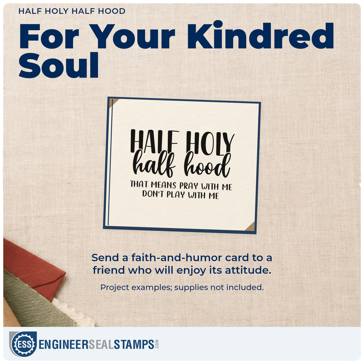 A finished handmade project stamped with the Duo Hand Half Holy Half Hood Lettering Rubber Stamp, ideal for canvas totes.