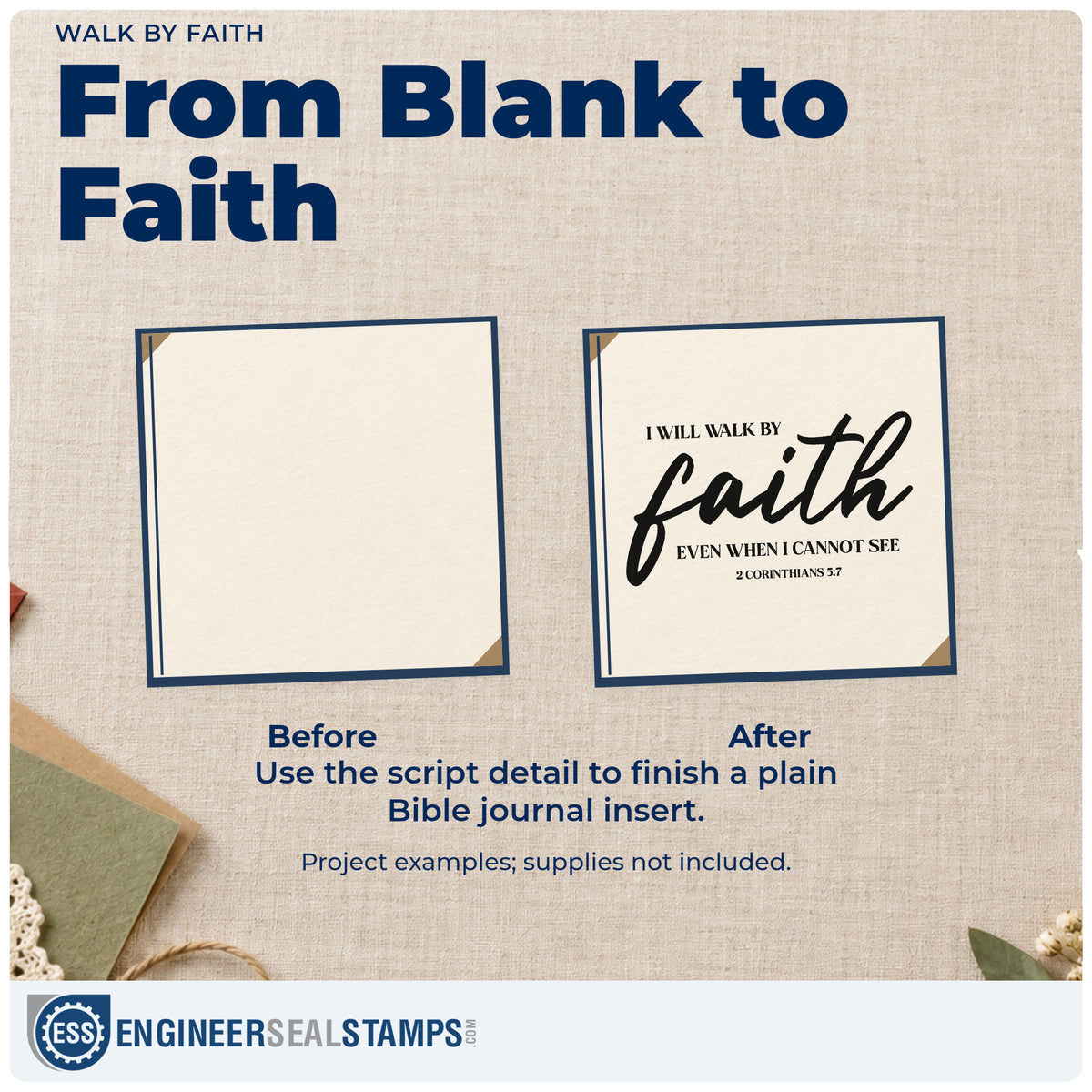 Before and after of a plain item finished with the Walk By Faith Even When I Cannot See Frame Accent PSI Pre-Inked Stamp, a quick upgrade for mission trip tags.