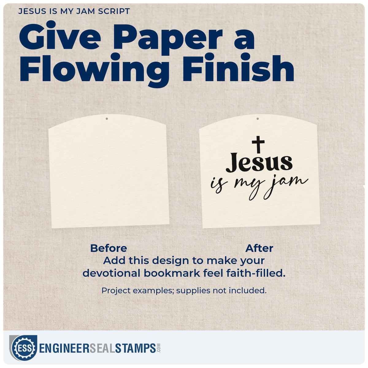 Before and after of a plain item finished with the Jesus Is My Jam Script Lettering Wood Handle Stamp, a quick upgrade for playlist gift tags.