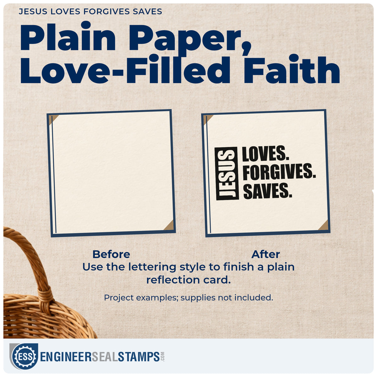 Before and after of a plain item finished with the Jesus Loves Forgives Saves Premium Wood-Mounted Stamp - Vintage Pro, a quick upgrade for easter program covers.