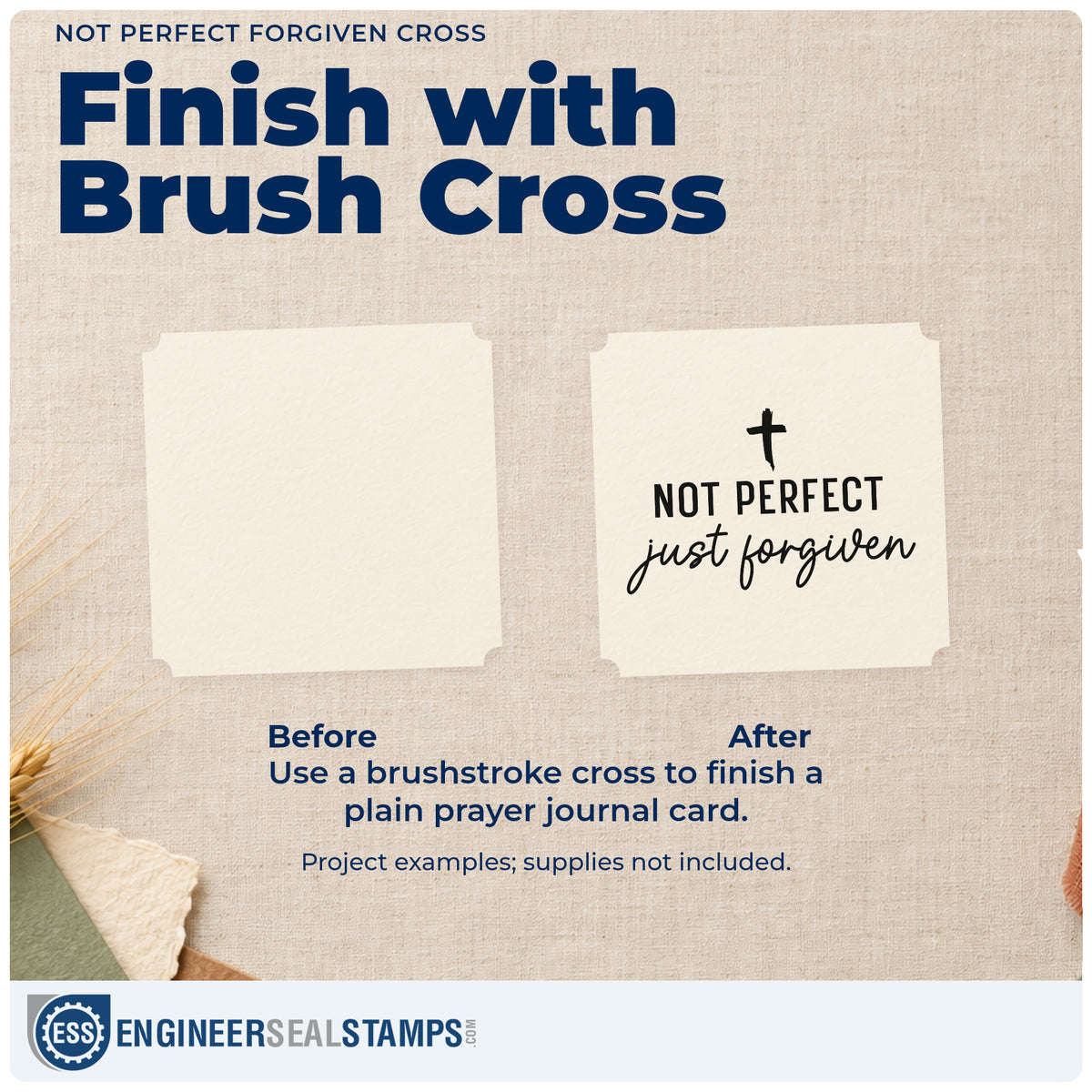 Before and after of a plain item finished with the Not Perfect Just Forgiven Cross Rubber Stamp – Wood Handle, a quick upgrade for journal cover stamping.