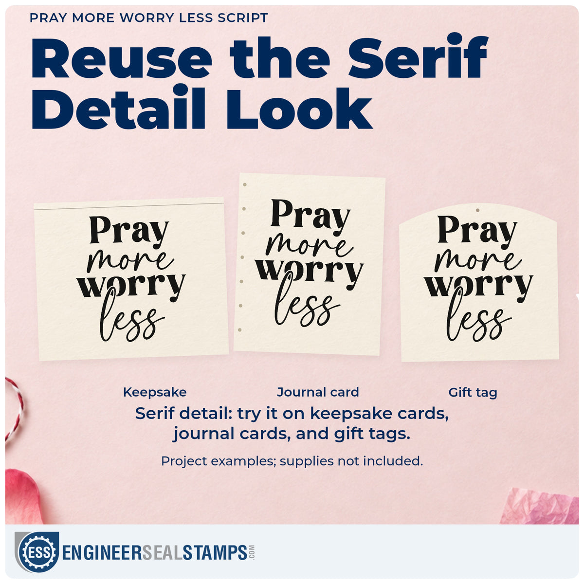 Three project examples made with the Pray More Worry Less Script Slim Pre-Inked Stamp, including calm season pages.