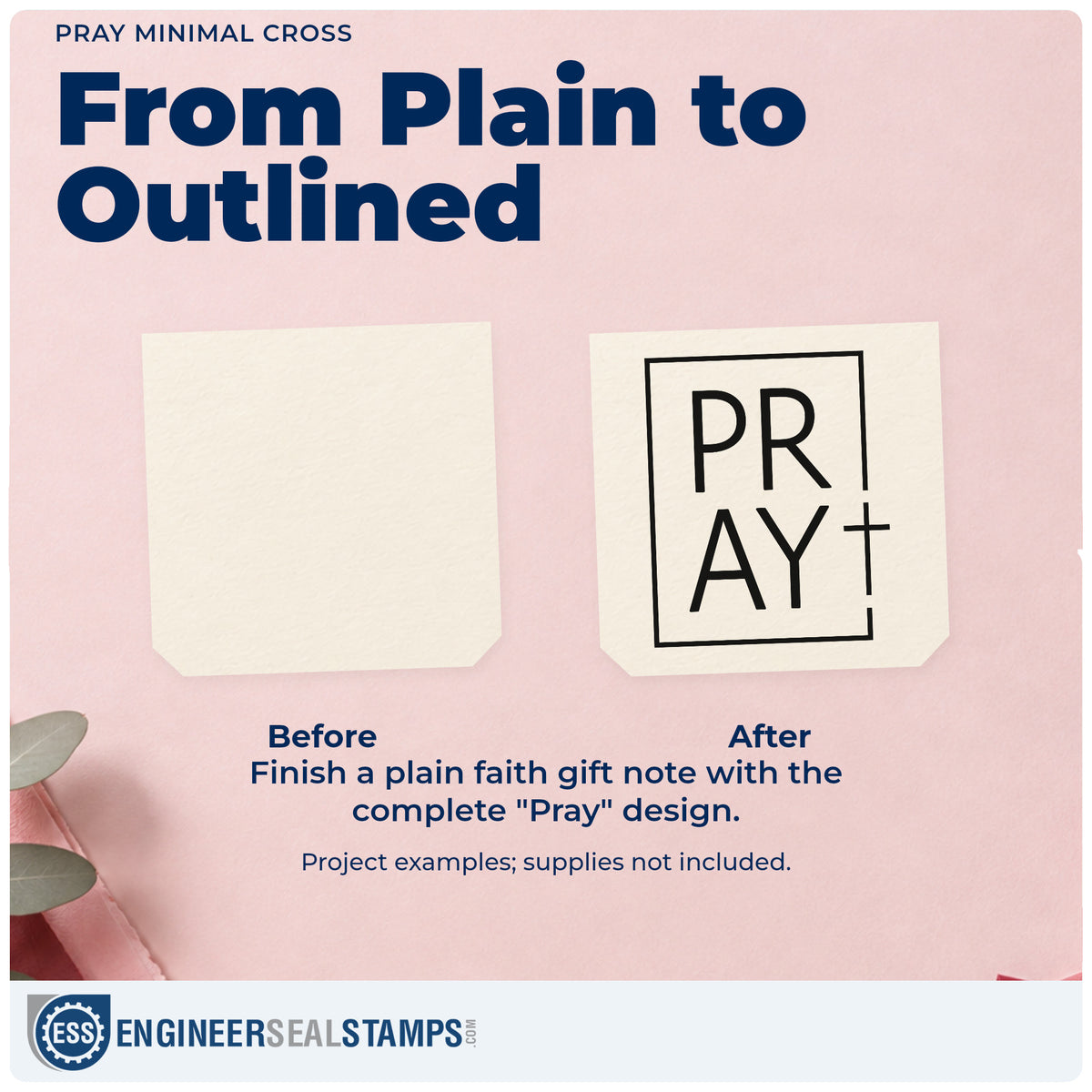 Before and after of a plain item finished with the Pray Minimal Cross PSI Pre-Inked Stamp, a quick upgrade for prayer request cards.