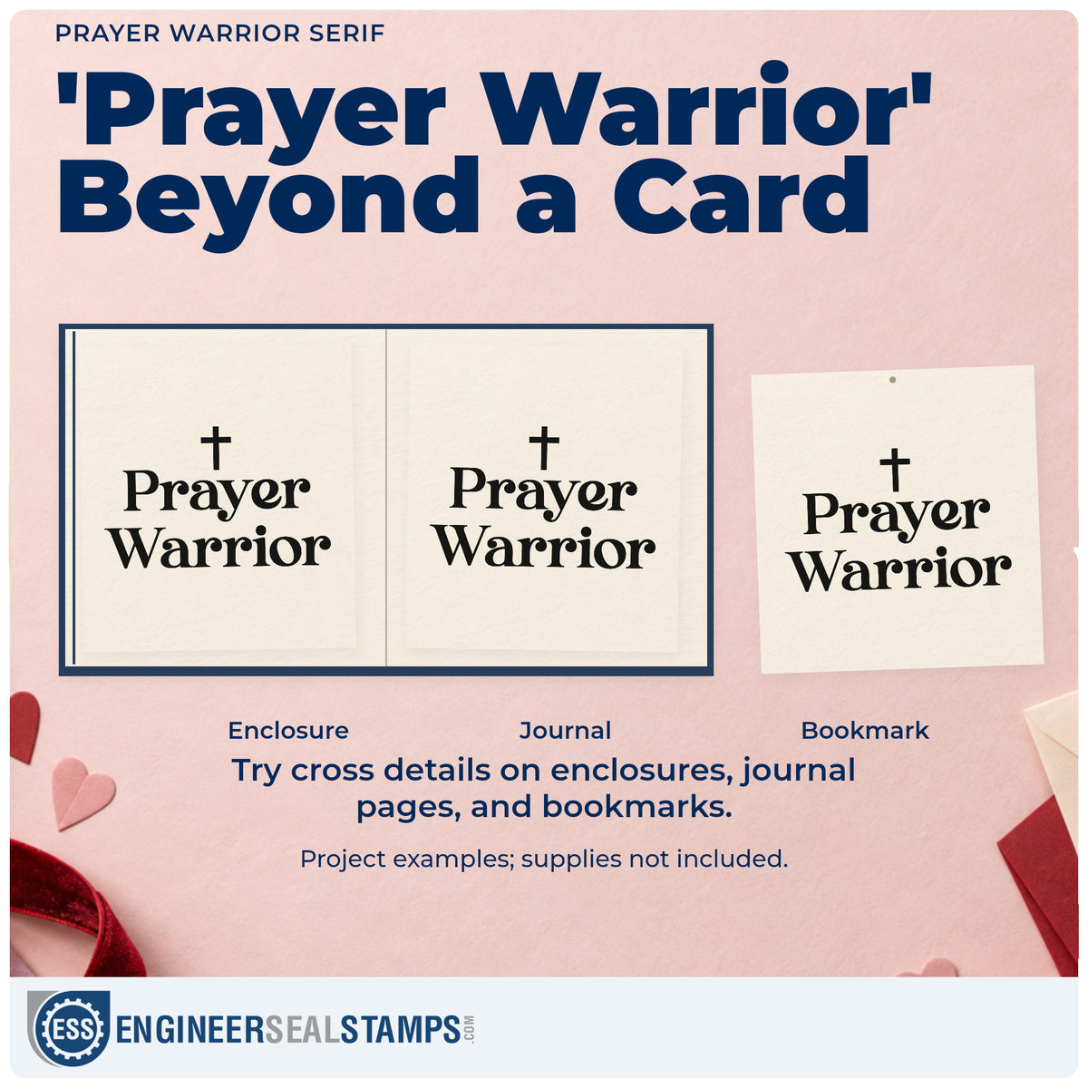 Three project examples made with the Prayer Warrior Serif Premium Wooden Stamp - Vintage Pro, including legacy scrapbooks.