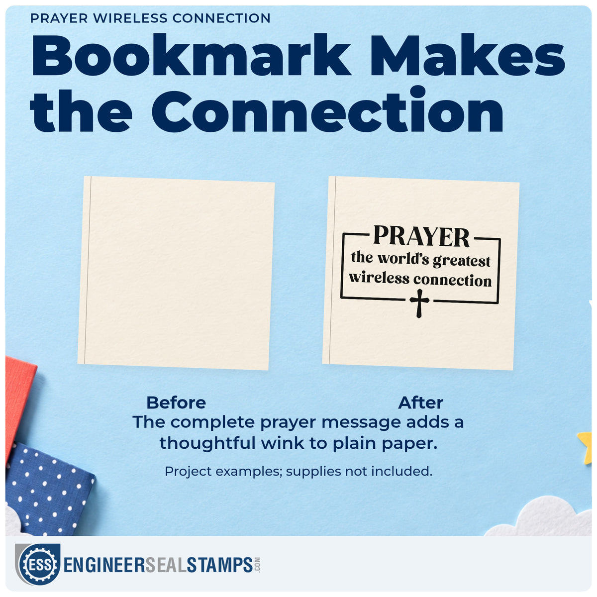 Before and after of a plain item finished with the Premium Wooden Prayer Wireless Connection Stamp - Vintage Pro, a quick upgrade for phone case crafts.