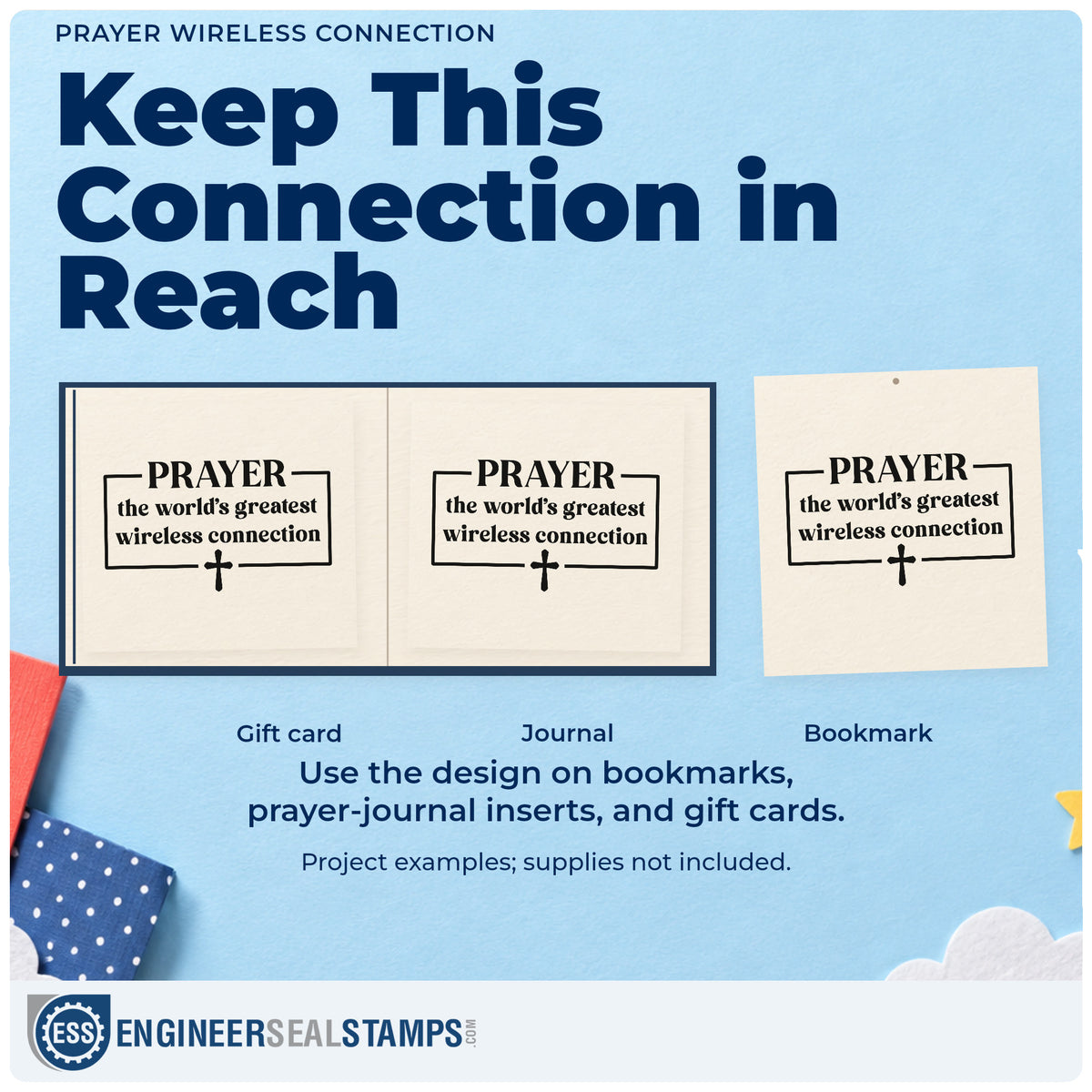 Three project examples made with the Prayer Wireless Connection Rubber Stamp – Duo Hand, including phone-free scrapbooks.