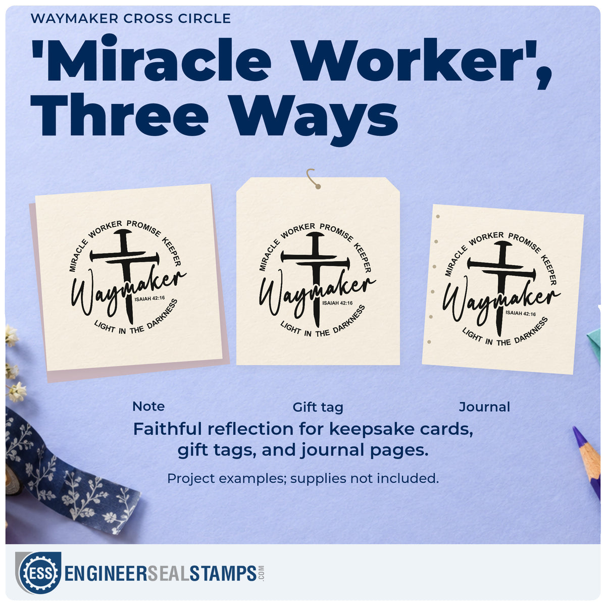 Three project examples made with the Three-Nail Cross With Waymaker Script Premium Wooden Stamp - Vintage Pro, including breakthrough pages.