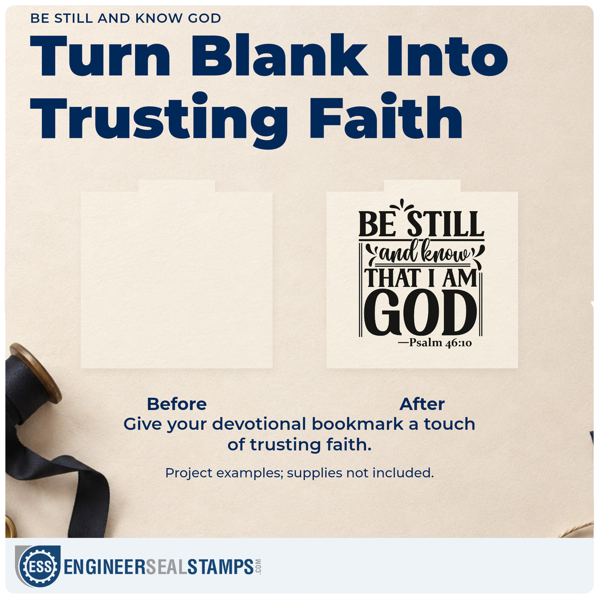 Before and after of a plain item finished with the Be Still And Know God Slim Pre-Inked Stamp, a quick upgrade for chaplain cards.