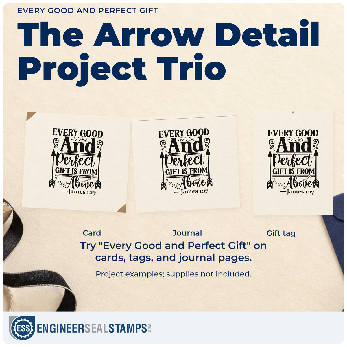 Three project examples made with the Every Good And Perfect Gift Is From Above Slim Pre-Inked Stamp, including blessing scrapbooks.