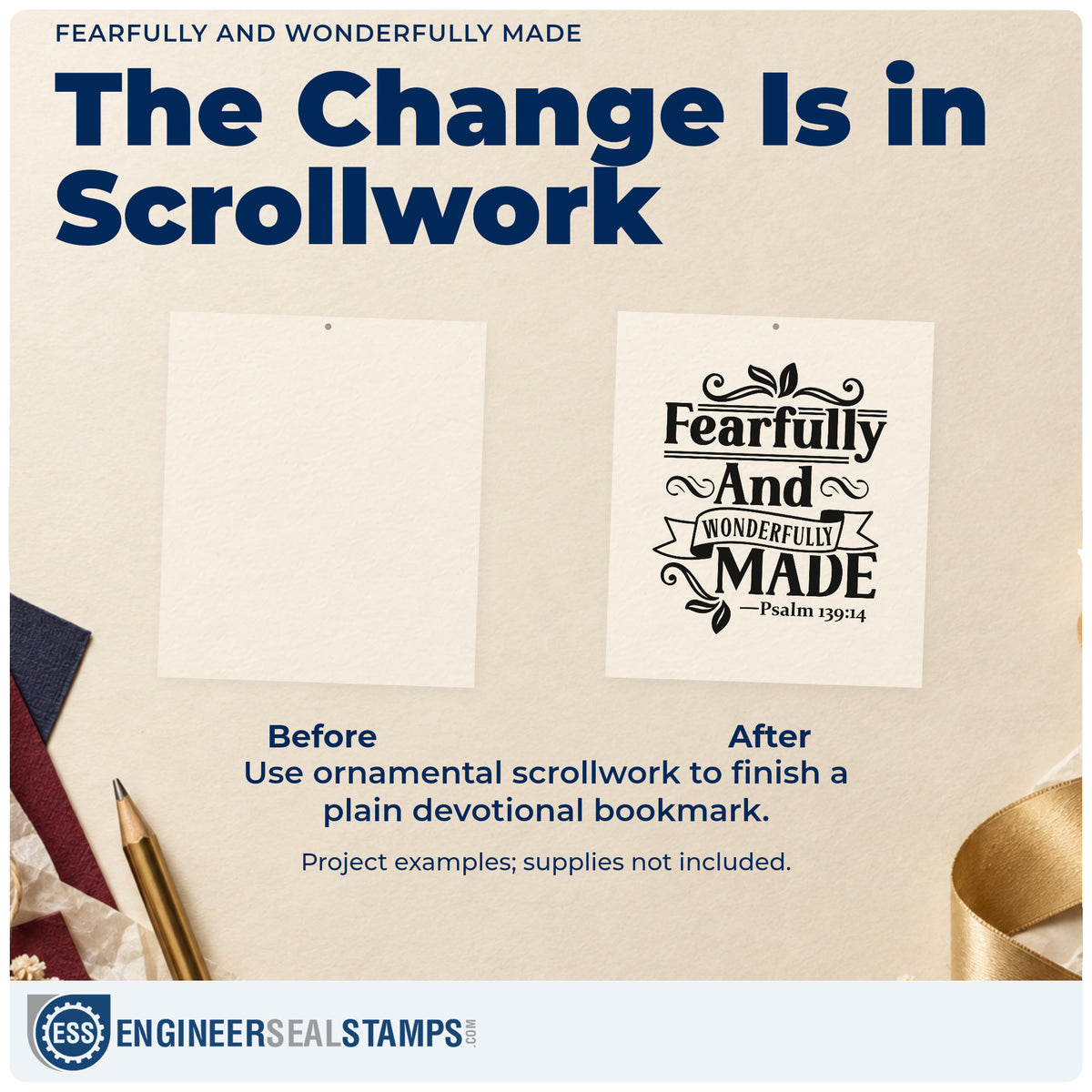 Before and after of a plain item finished with the Fearfully And Wonderfully Made Leaf Accents Self-Inking Craft Stamp, a quick upgrade for special needs welcomes.