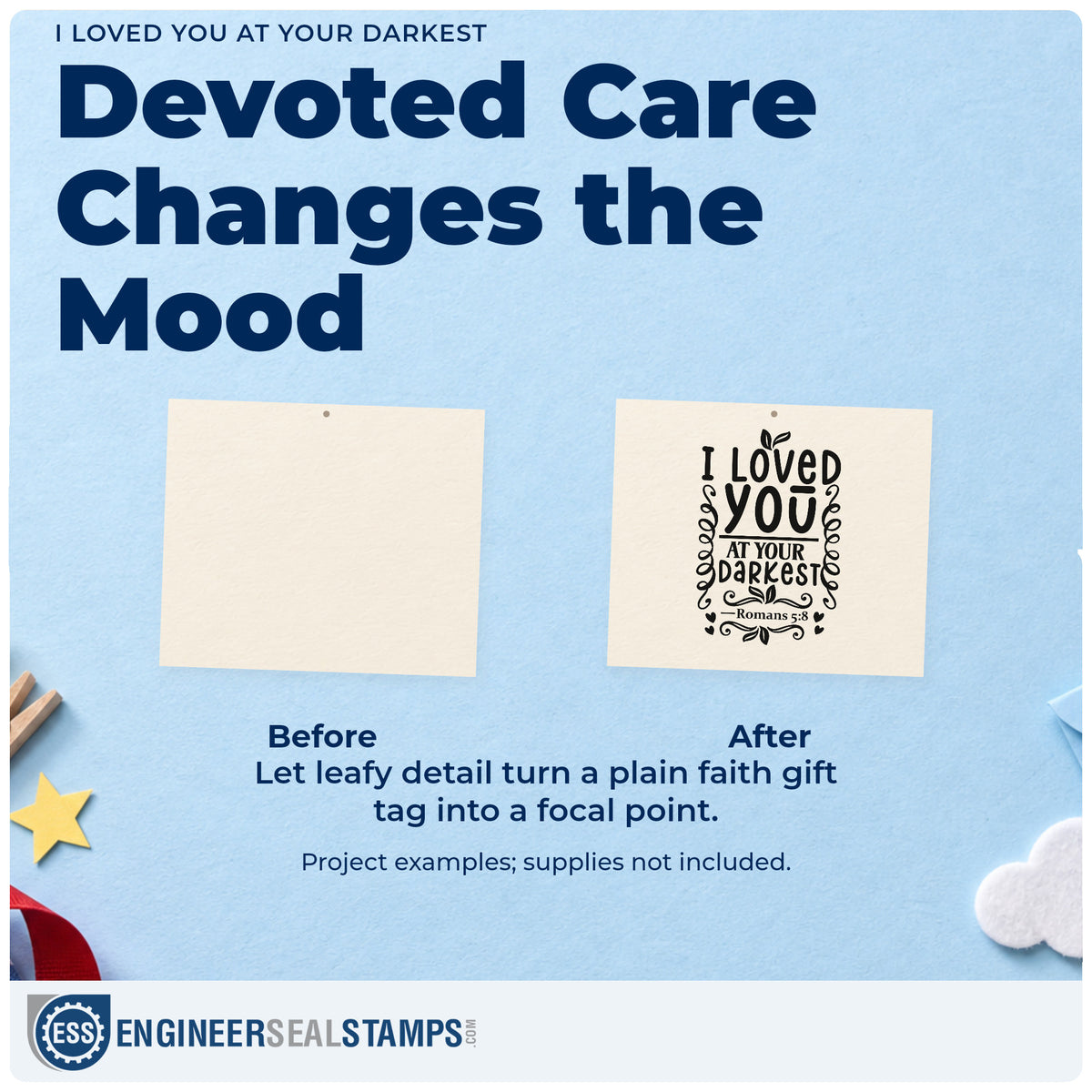 Before and after of a plain item finished with the I Loved You At Your Darkest Leaf Accents Slim Pre-Inked Stamp, a quick upgrade for new believer gifts.
